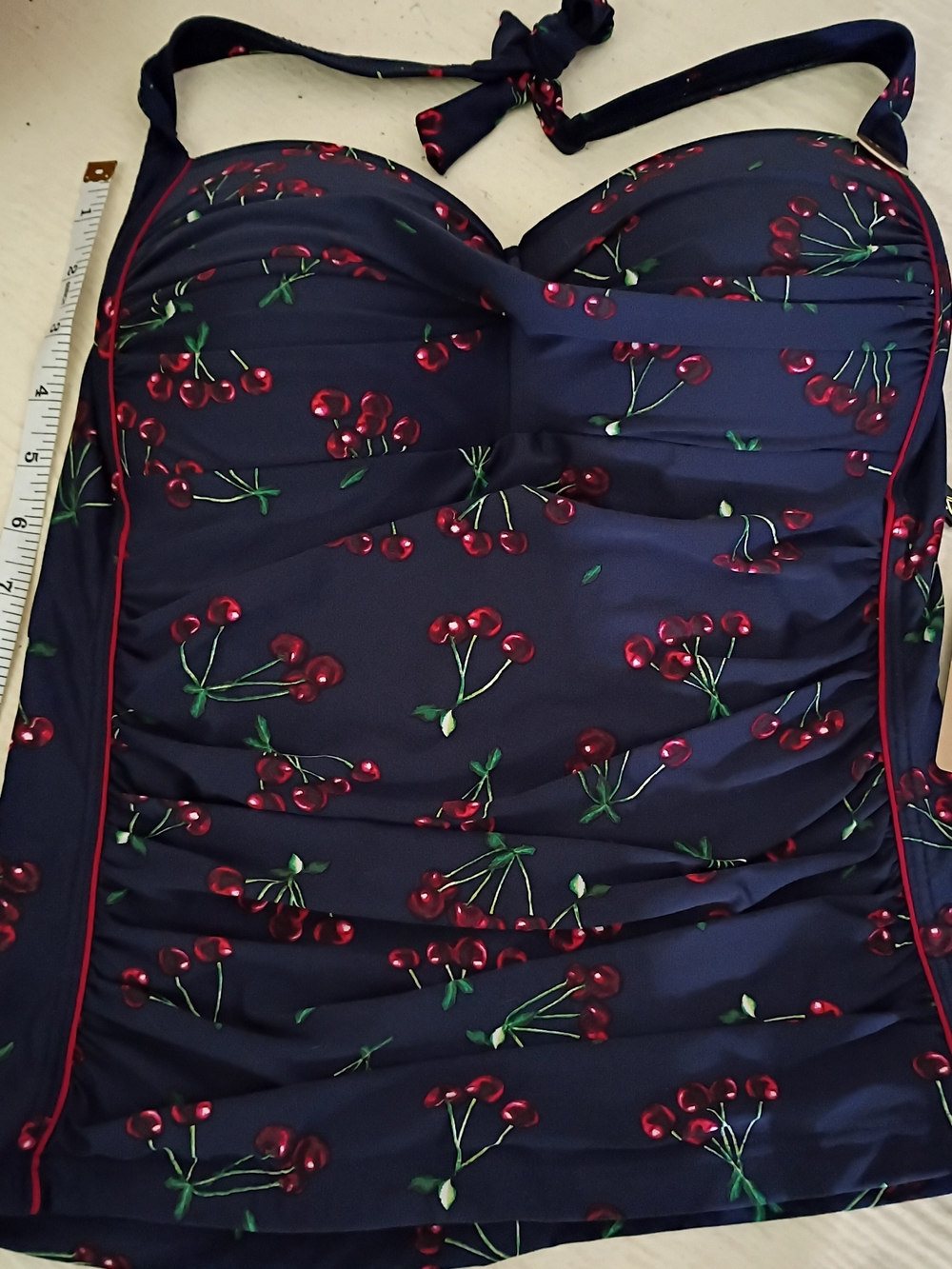 Women’s Navy Cherry Print Ruched Halter tankini - Picture 2 of 10